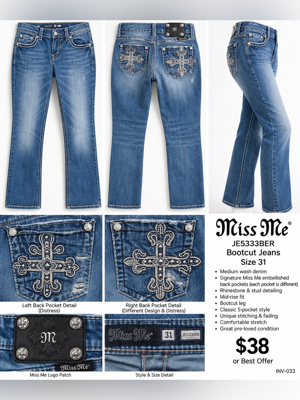 Miss Me Blue Boot Cut Jeans with Embellished Cross Pockets